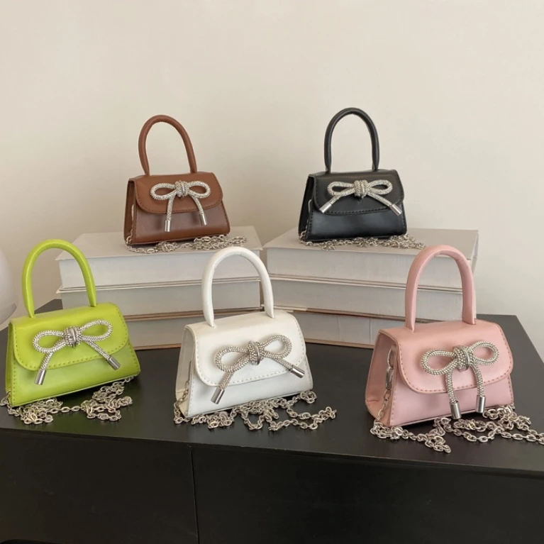 

HOT Selling Woman Crossbody Bags with Chain Cute Mini Bling Bow Girls Handbag Fashion Woman PU Leather Bags