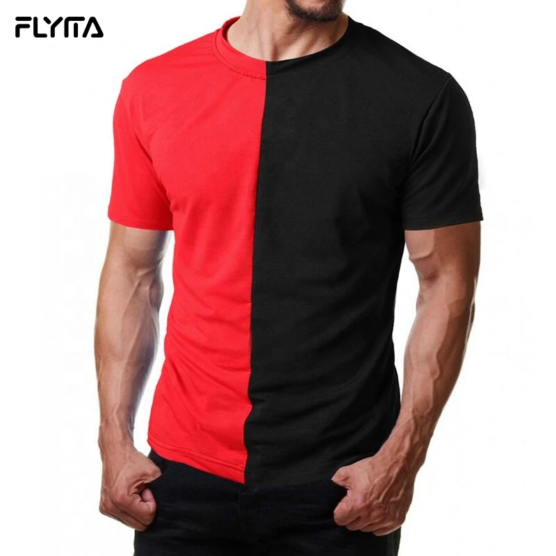

Custom Mens Split Two Tone T-shirt Fashion Half Black Half Red Casual Loose Fit Cotton T Shirt Embroidery