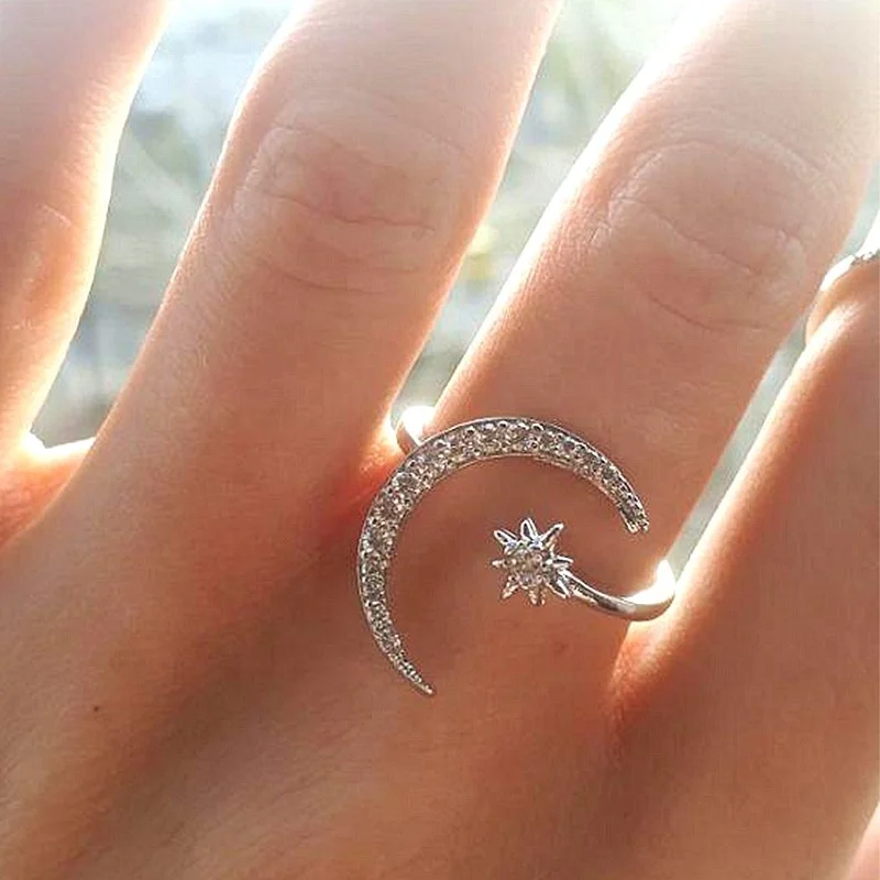 

New Fashion Moon Star Open Finger Rings for Women Adjustable Silver Color Wedding Ring