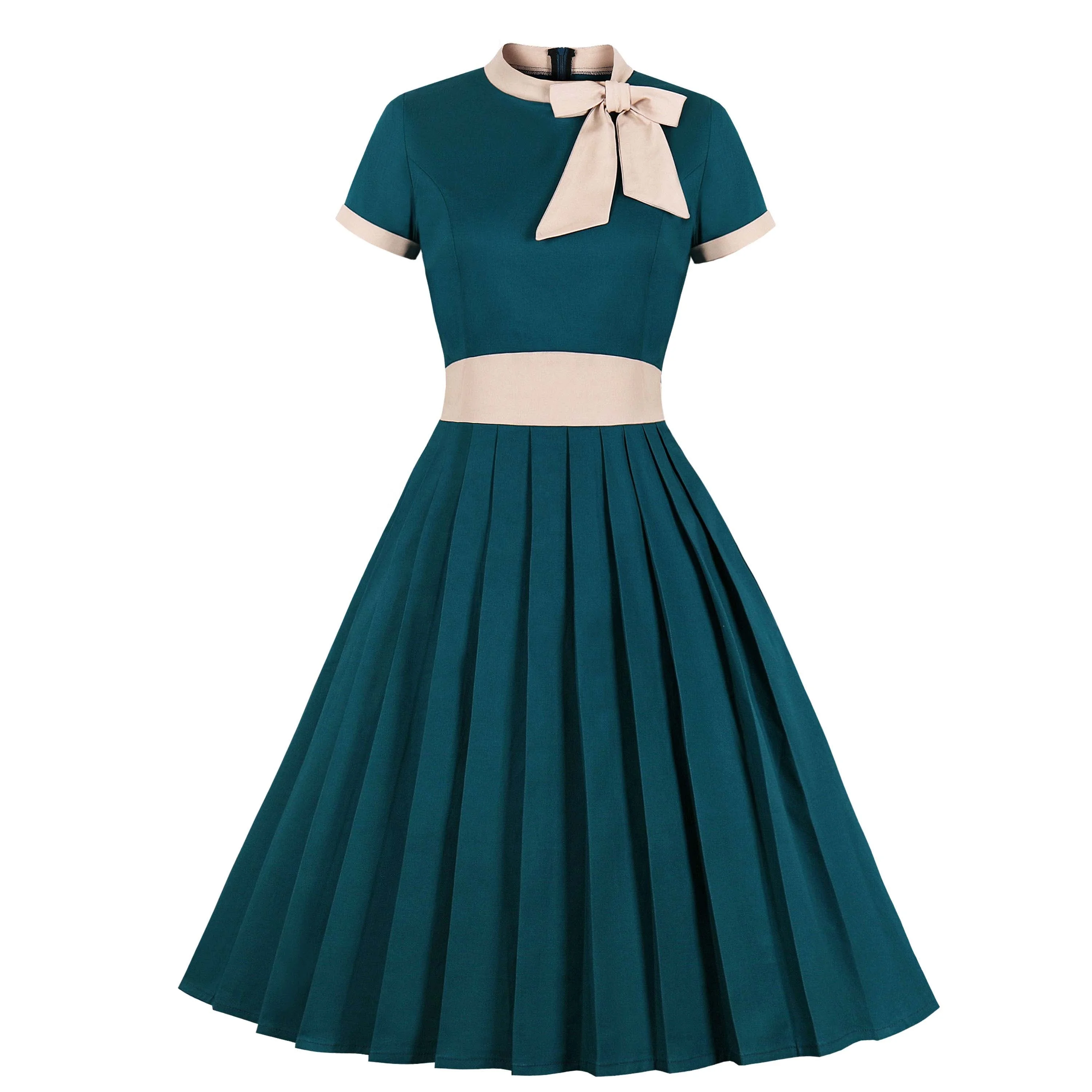 

Wholesale cotton green pleated short sleeves ladies office work dress retro vintage KD-P80, Gold patchwork;green