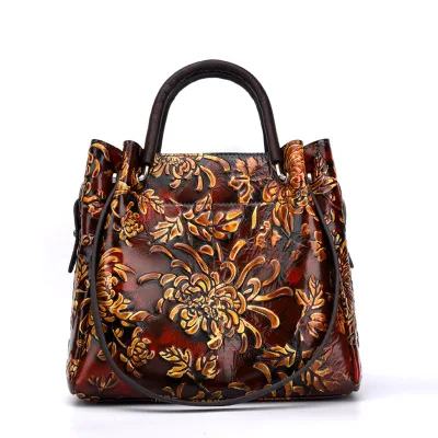 

Autumn and winter cowhide handbags brands china embossed flower hand bags 2020 women lady tote leather bag, Black,green,burgundy,coffee