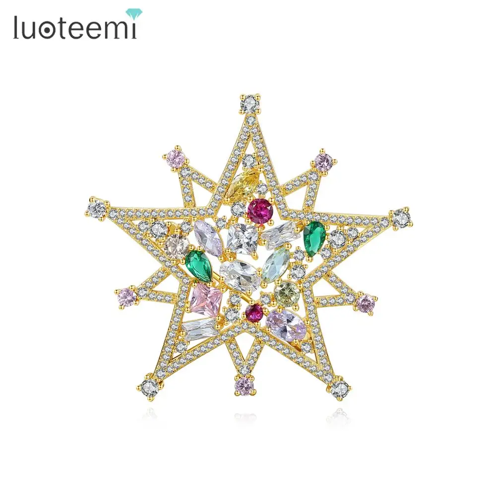 LUOTEEMI Gold Star Pin Brooch Colorful Zircon Stone Women Wedding Brooches Jewelry