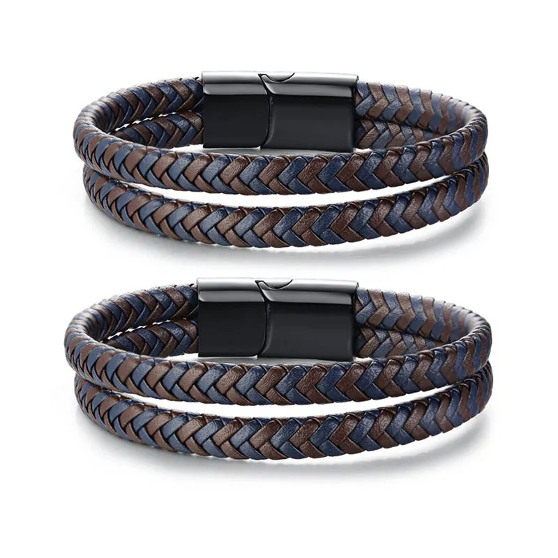 

2020 most popular products handmade men bracelet jewelry wholesale black magnetic clasp double braided rope leather bracelet men