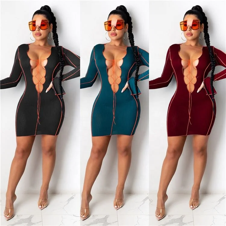 

Fashion Bodycon Dress Bandage Deep V Neck Long Flare Sleeve Sexy Club Wear Autumn Women Dresses