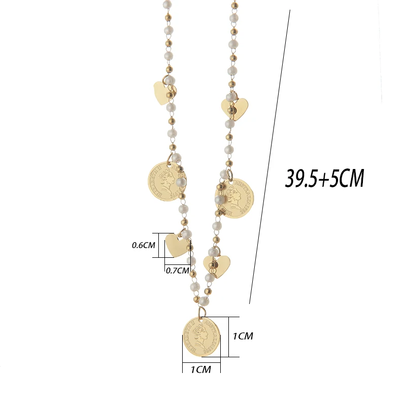 

Trendy Queen Coin Heat Shape Stainless Steel Necklace Chains,Beads Pearl Necklace Handmade 18k Gold Plated For Women Gir