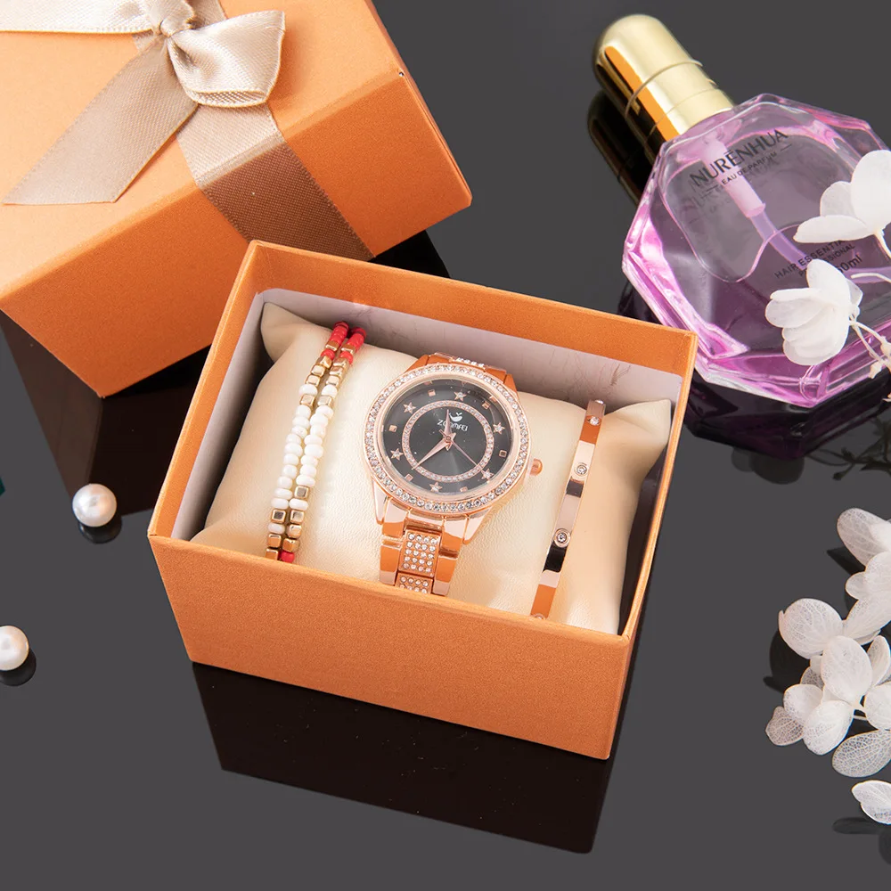 

Amazon hot sale luxury gift simple 3pcs set bracelets gold diamond women watches, As pic