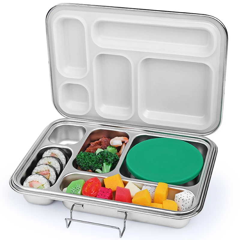 

Aohea Amazon favorable price large size 5 compartment attach silicone lid picnic stainless steel lunch box, Customized color