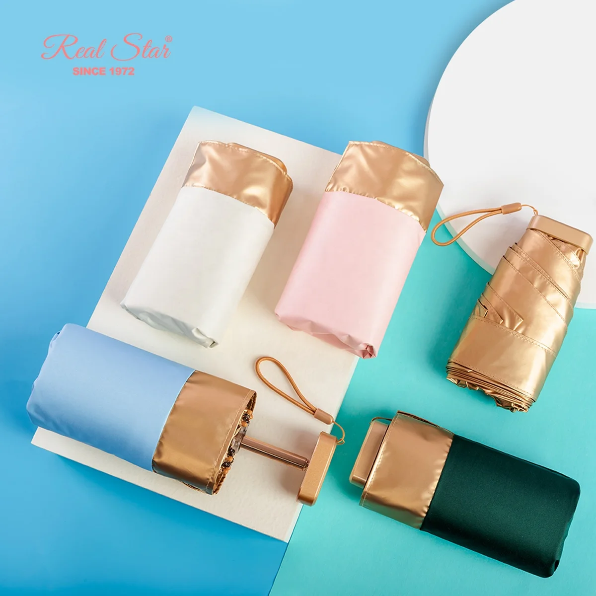 

RST Real Star 2021 new design super mini umbrella small golden 6 fold handbag umbrella with box, 5 colors,can choose color