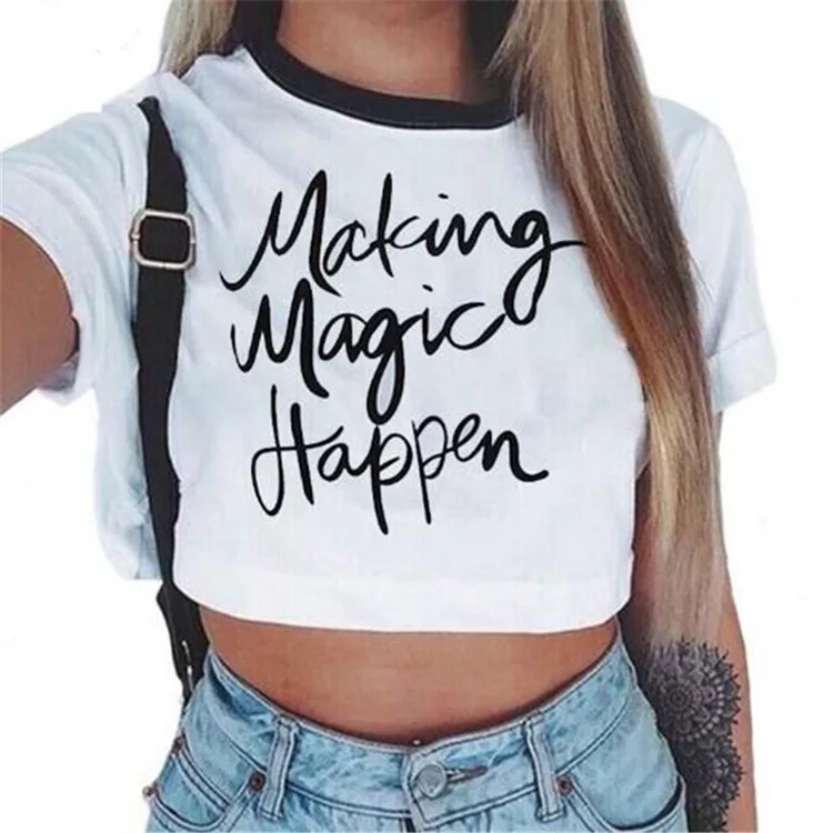 

Women Screen Print Short Sleeves Crop Tops 100% Cotton High Quality Lady Fashion Clothes T Shirts Wholesale, As picture