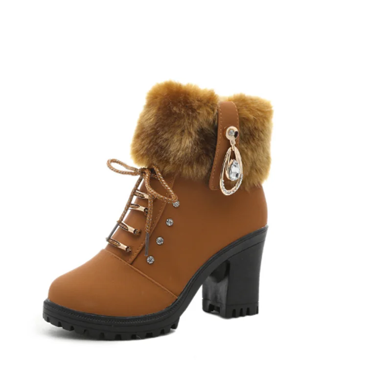 

Autumn/winter 2020 lady's ankle boots with velvet and non-slip lacing, Black, brown