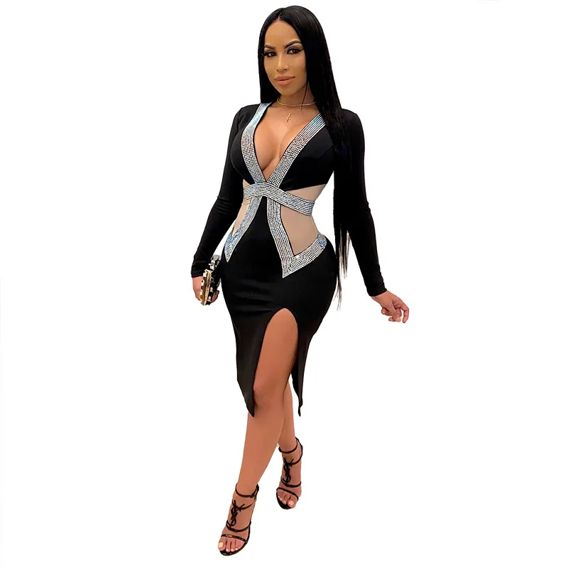 

Women's Dress Deep V-neck Mesh Tight-fitting Hip Sexy Evening Dress