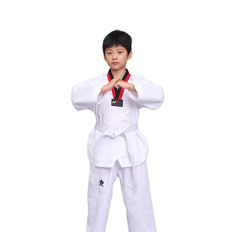 

Custom white comfortable polyester cotton kids black red v neck martial arts uniform taekwondo uniforms