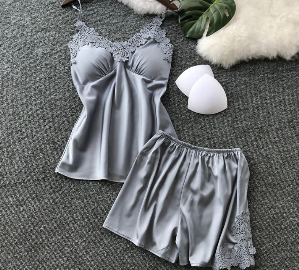 

Fashion Women sleepwear sexy Satin pajama set Black lace, 6 colors