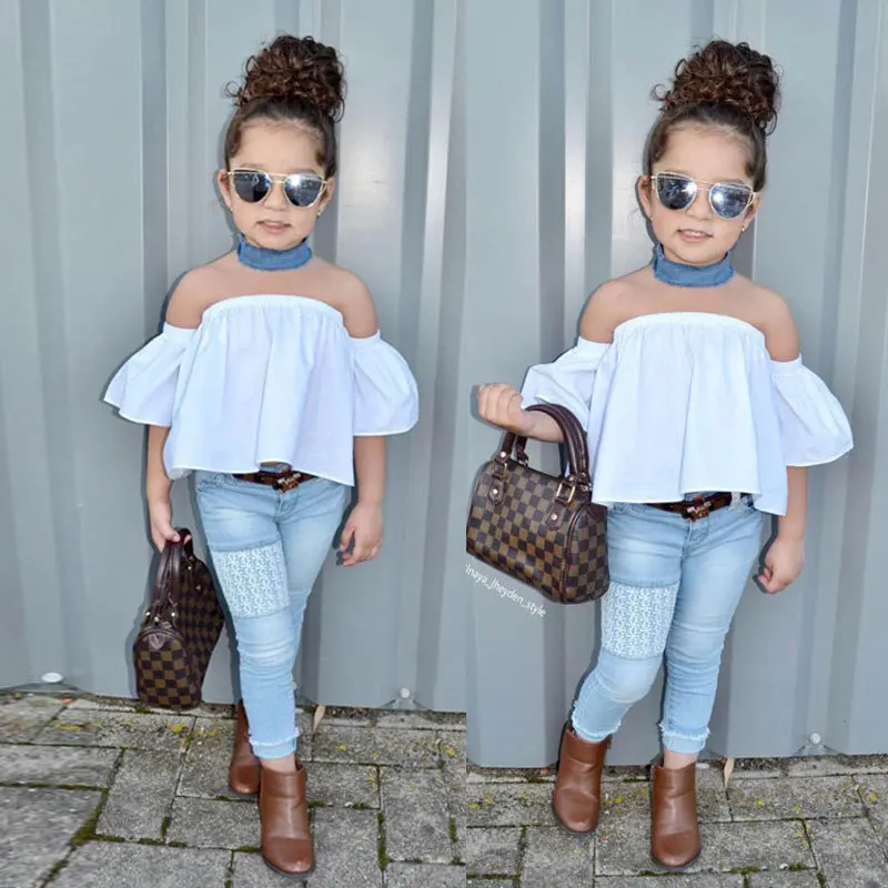 

One piece off shoulder jeans suit 2021 boutique wholesale girl children clothing, White