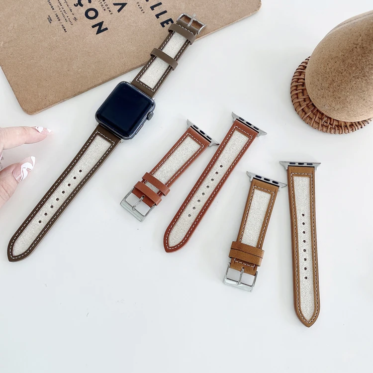 

Wholesale Drop Shipping Wristband Watch Strap Canvas Geniune Leather Watch Band For Apple iWatch, 5 colors