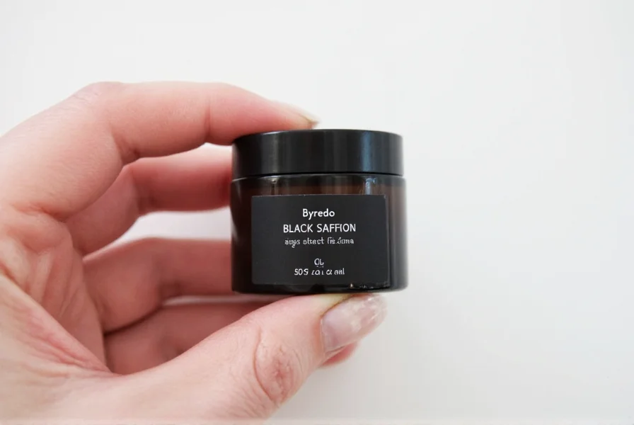 Byredo Black Saffron bottle on marble surface with saffron threads and leather swatch