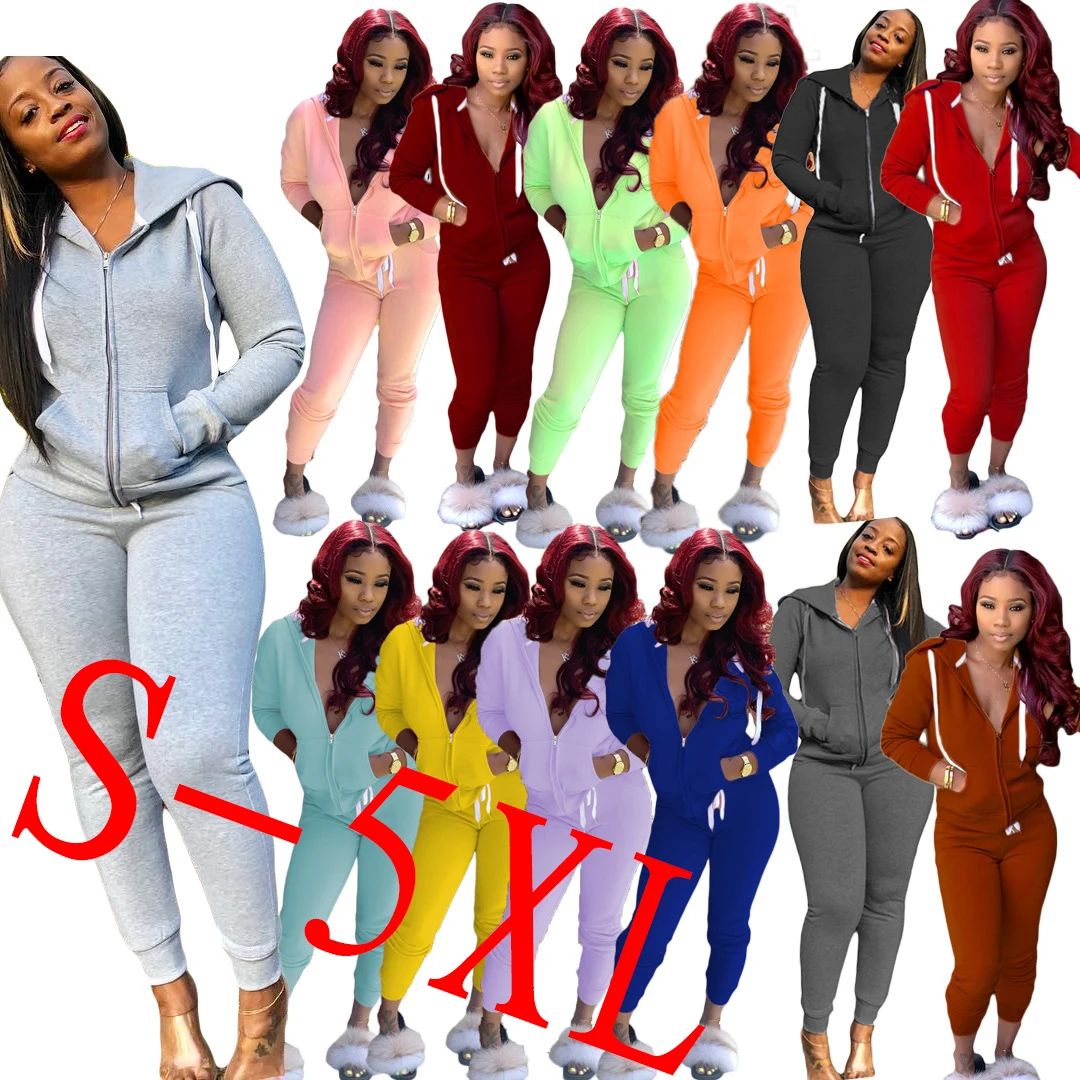 

In stock fast delivery solid color large casual wear sports two piece set plus size women clothing fall 2020