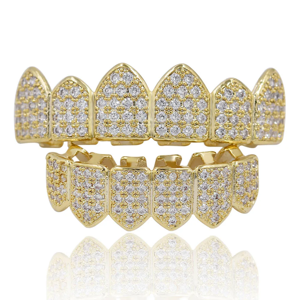 

Hip Hop Grills Teeth Grillz Gold Color Plated High Quality Tooth Grillz Micro Pave Cz Top & Bottom Grill Mouth Teeth Grills Sets, Picture shows