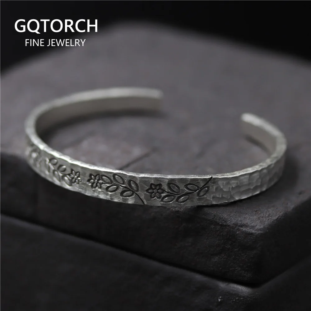 

925 Sterling Silver Handmade Bangles For Men And Women Small Fresh Flowers Engraved Thai Silver Simple Design Retro Jewelry