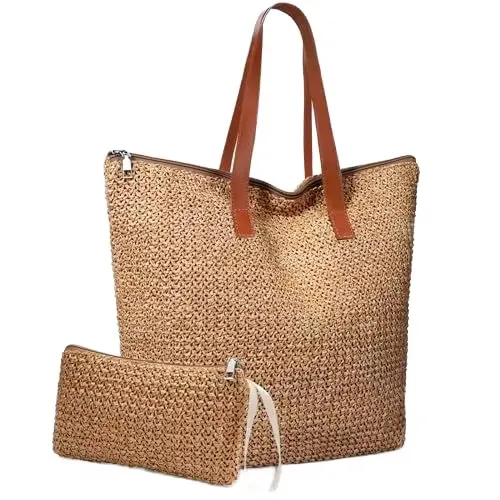 New Woven Straw Mesh Tote Bag Beach Shoulder Hobo Women's Foldable Large Capacity Bag Snake Skin Pattern Genuine Leather Lining