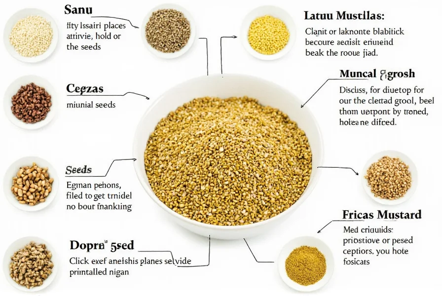 Mustard seeds in various culinary preparations including whole seeds, ground powder, and prepared mustard showing texture and color differences