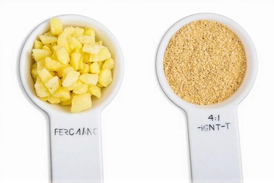 Side-by-side comparison of fresh minced ginger and ground ginger in measuring spoons showing the 4:1 ratio
