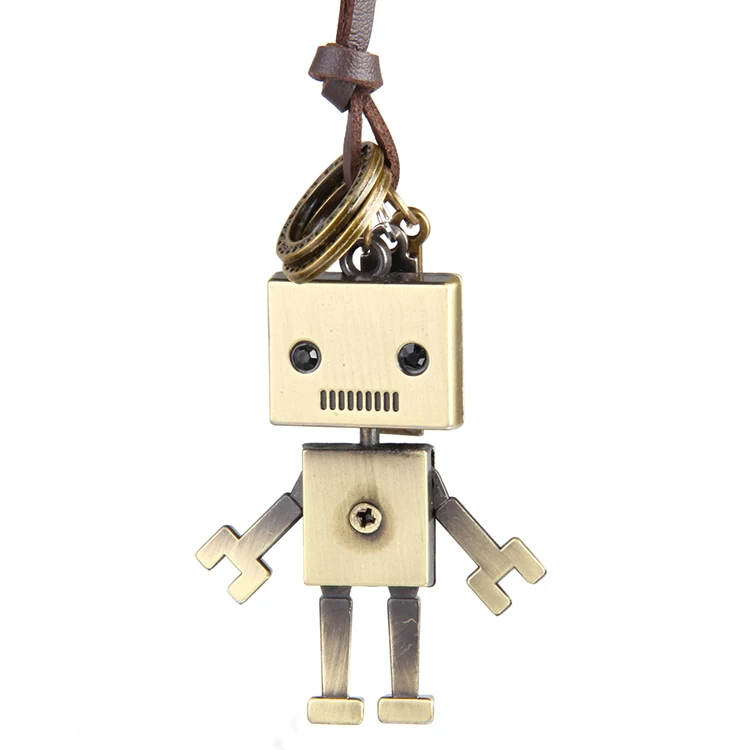 

European and American retro style bronze robot long leather rope necklace