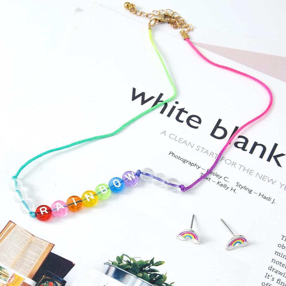 

Veijer Cute Small Stud Rainbow Earrings Acrylic Rainbow Letter Necklaces Rainbow Jewelry Set For Kids