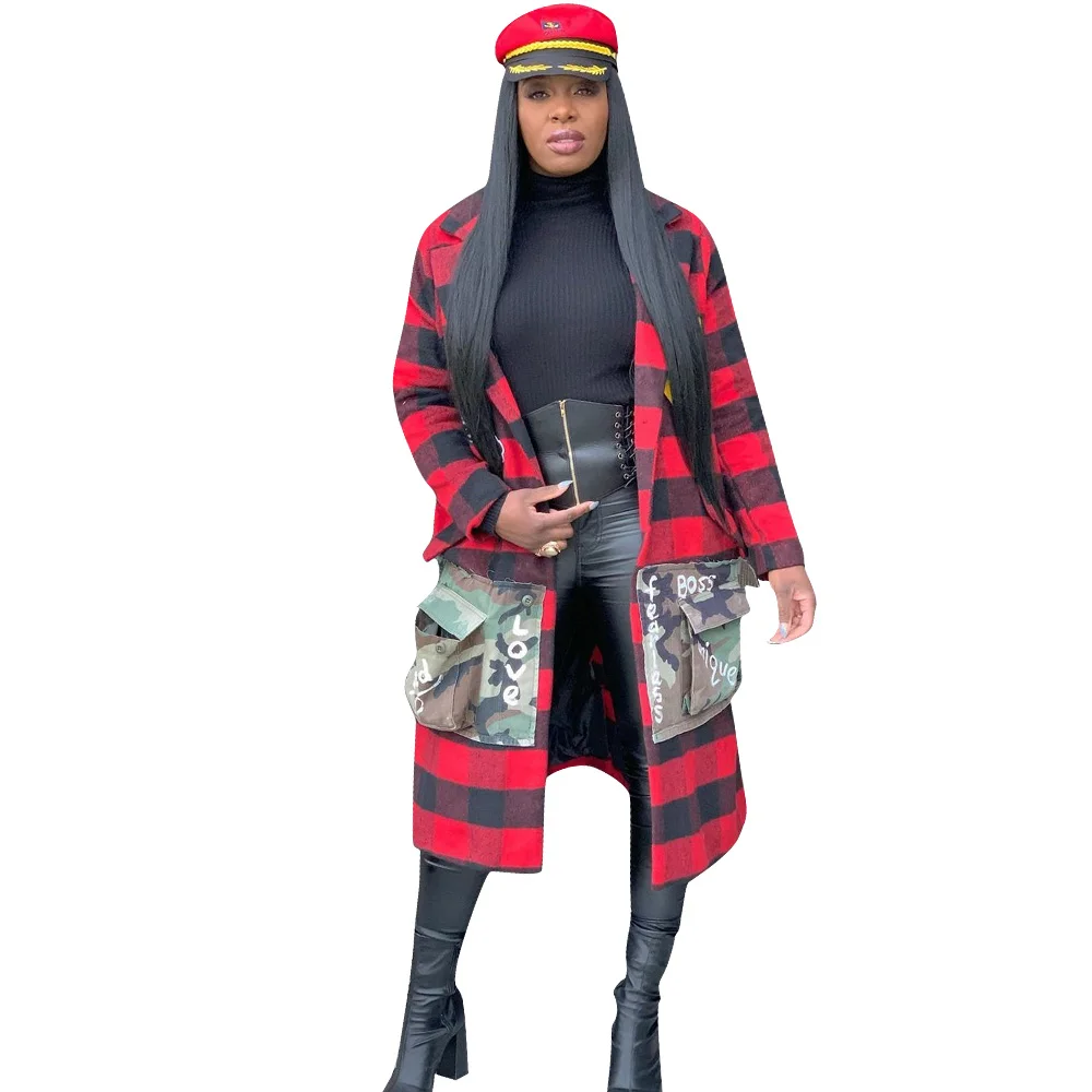 Women Long Coat Plaid Grid Printed Winter Autumn Fall Cardigan Long Letters Camo Print Floral Maxi Jacket for Ladies