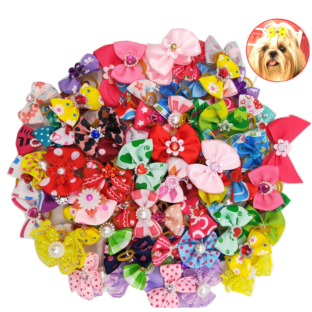 

Dog Hair Bows with Rubber Band Small Dogs Hair Grooming Bows Mix Colors Varies Patterns Christmas Bowknot Topknot Bows, Mixed colors