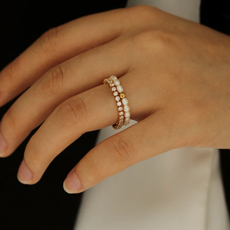 

Temperament Gold Plated Jewelry Pearl Rings Dainty Beaded Stacking Natural Freshwater Pearl Rings For French Women