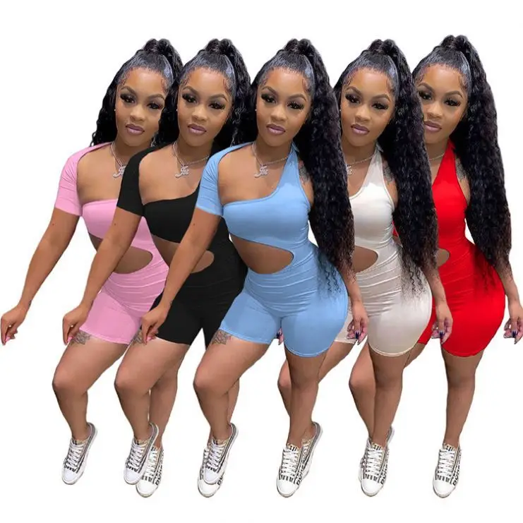 

Summer 2021 Short Sleeve Asymmetrical Solid Color Shorts Bodycon Piece Sexy Tight girls Romper for Women Jumpsuits