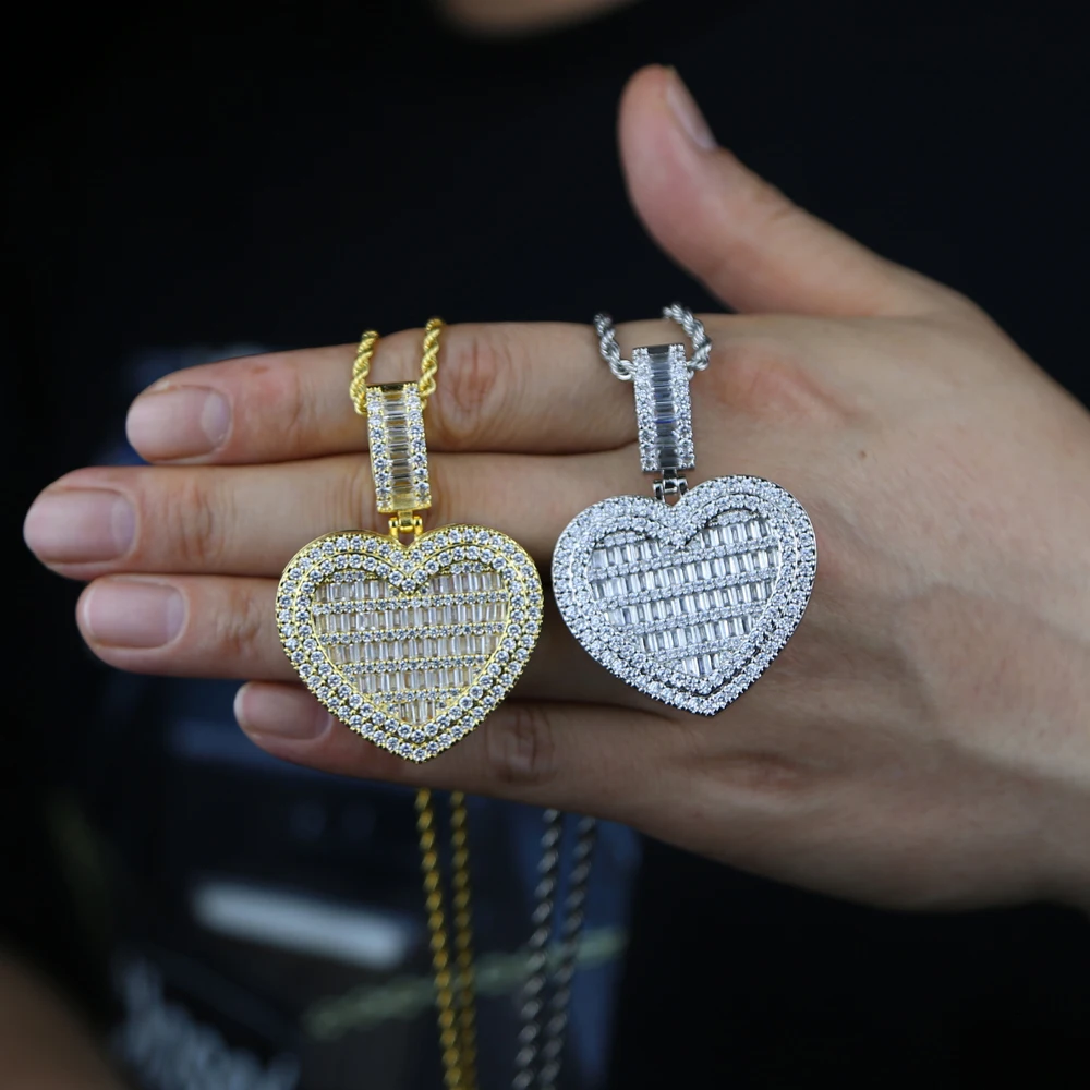 

bling iced out hip hop jewelry rectangle cz heart shaped pendant men necklace