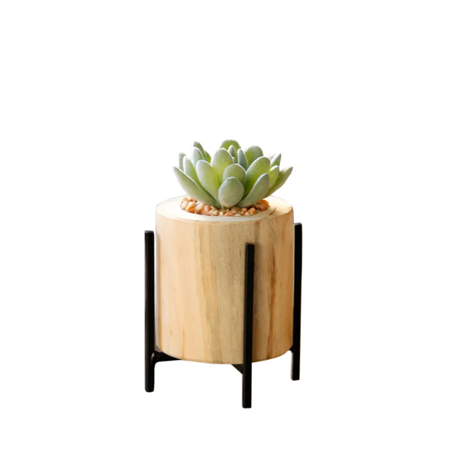 

Wooden flowerpot artificial flower potted simulation desktop potted decoration ornaments with golden bracket, Wood color