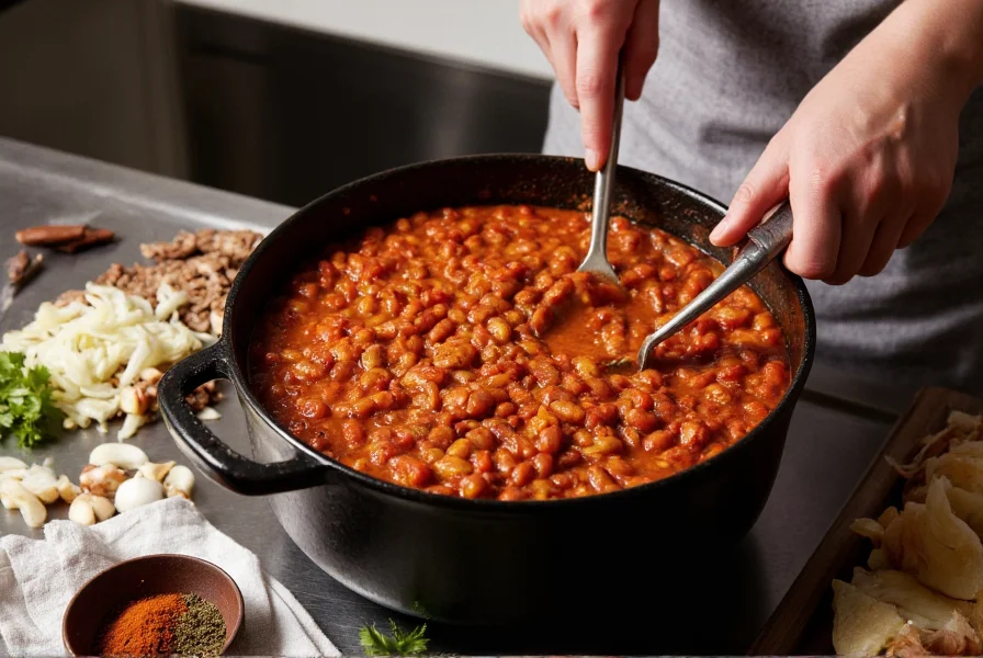 Chef's hands stirring a large pot of chili with ingredients like onions, garlic, and spices visible on the counter