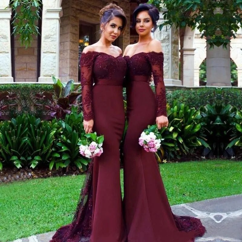

2019 Latest Off The Shoulder Long Sleeves Mermaid Crystals Lace Appliques Burgundy Chiffon Bridesmaid Dresses