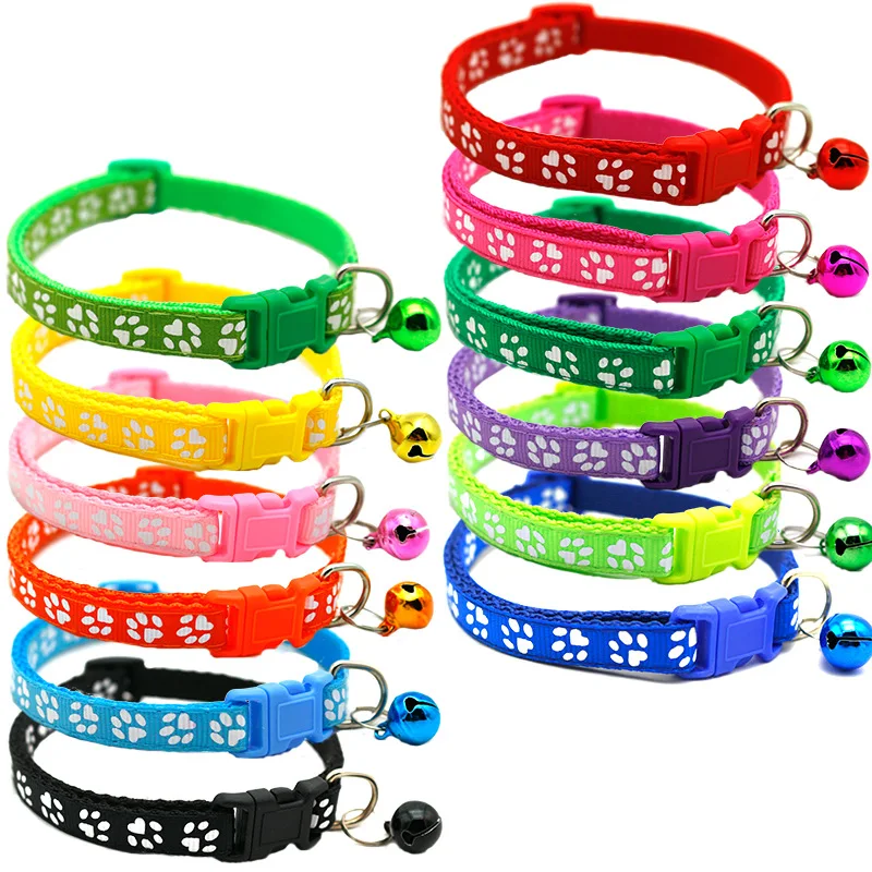 

Manufacturer wholesale multi-colors paw print adjustable nylon cat dog collar with bell, Customized color
