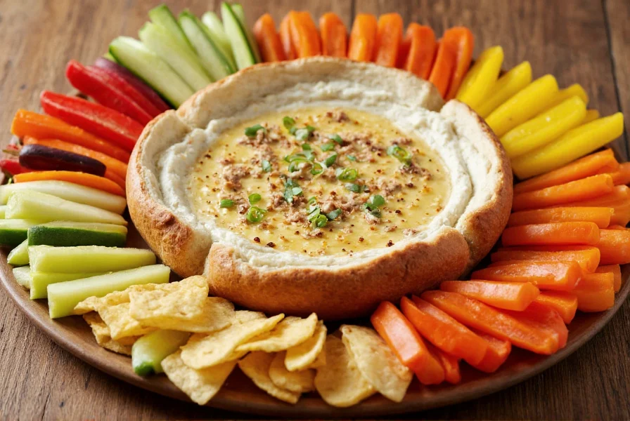 Jalapeno cream cheese dip served in bread bowl surrounded by colorful vegetable dippers and tortilla chips on wooden table