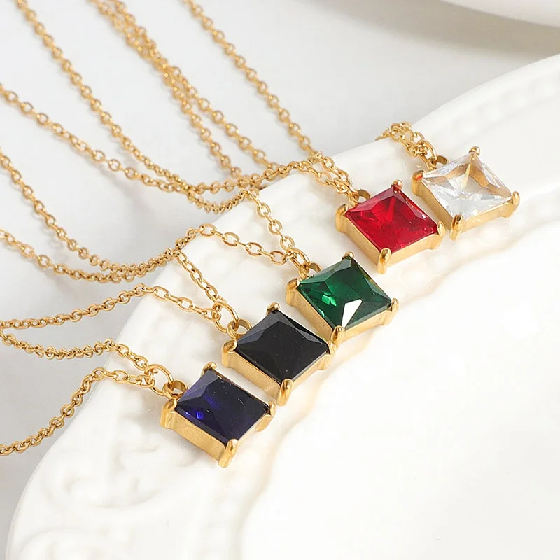 

18K Gold Plated Stainless Steel Colorful Green Red Blue Zircon Stone Diamond Gemstone Square Pendant Necklace