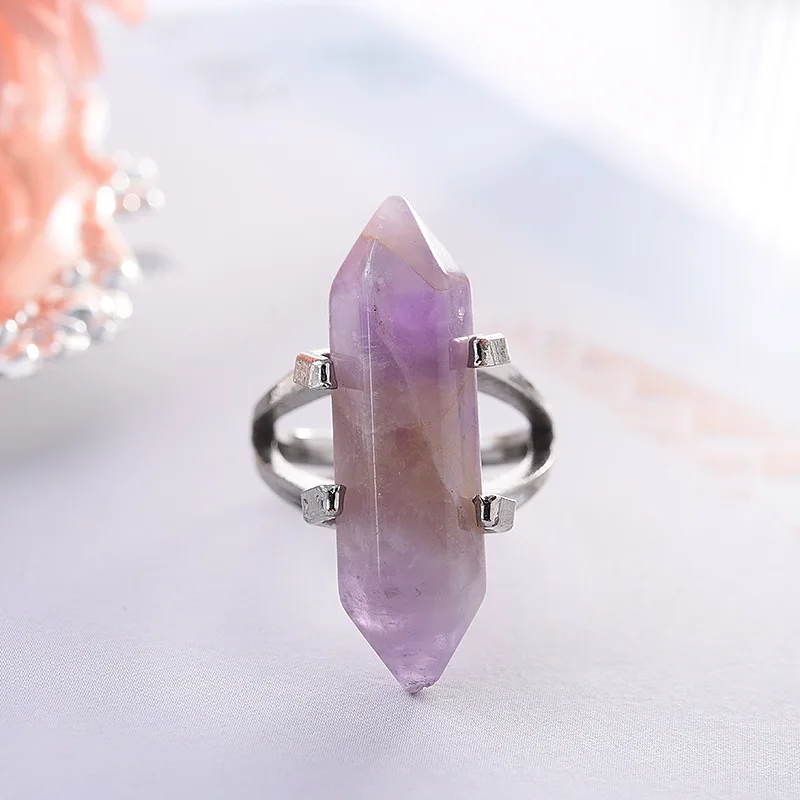 

Natural Stone Crystal Hexagonal Pendulum Bullet Open Ring for Women Men Amethyst Rose Crystal Raw Stone Winding Gemstone Ring