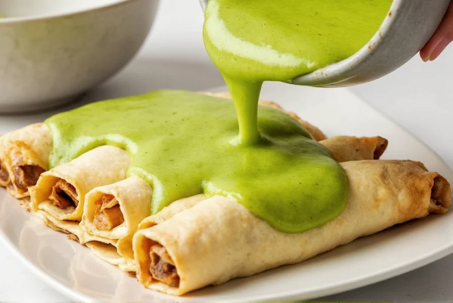 Homemade poblano cream sauce being poured over enchiladas, showing the rich green color of the sauce