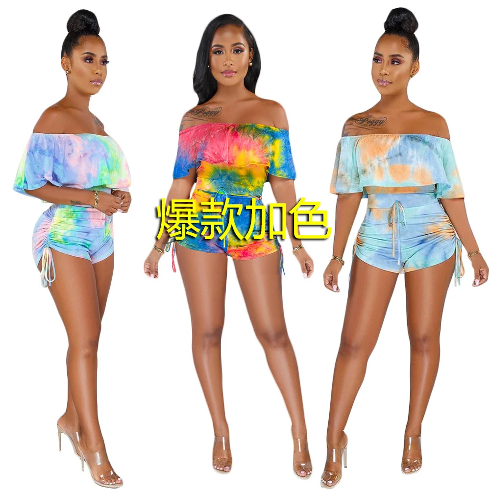 

Fashion off shoulder ruffle tie dye women shorts jumpsuits and rompers