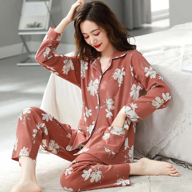 

New Lounge Wear Women Pijama Algodon Pillama De Mujer Piyama Wanita Pyjama Custom Print Floral Pajama Set Sleepwear Long Sleeve