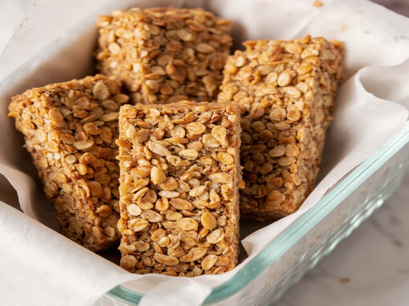 Homemade granola bars stored in glass container with parchment