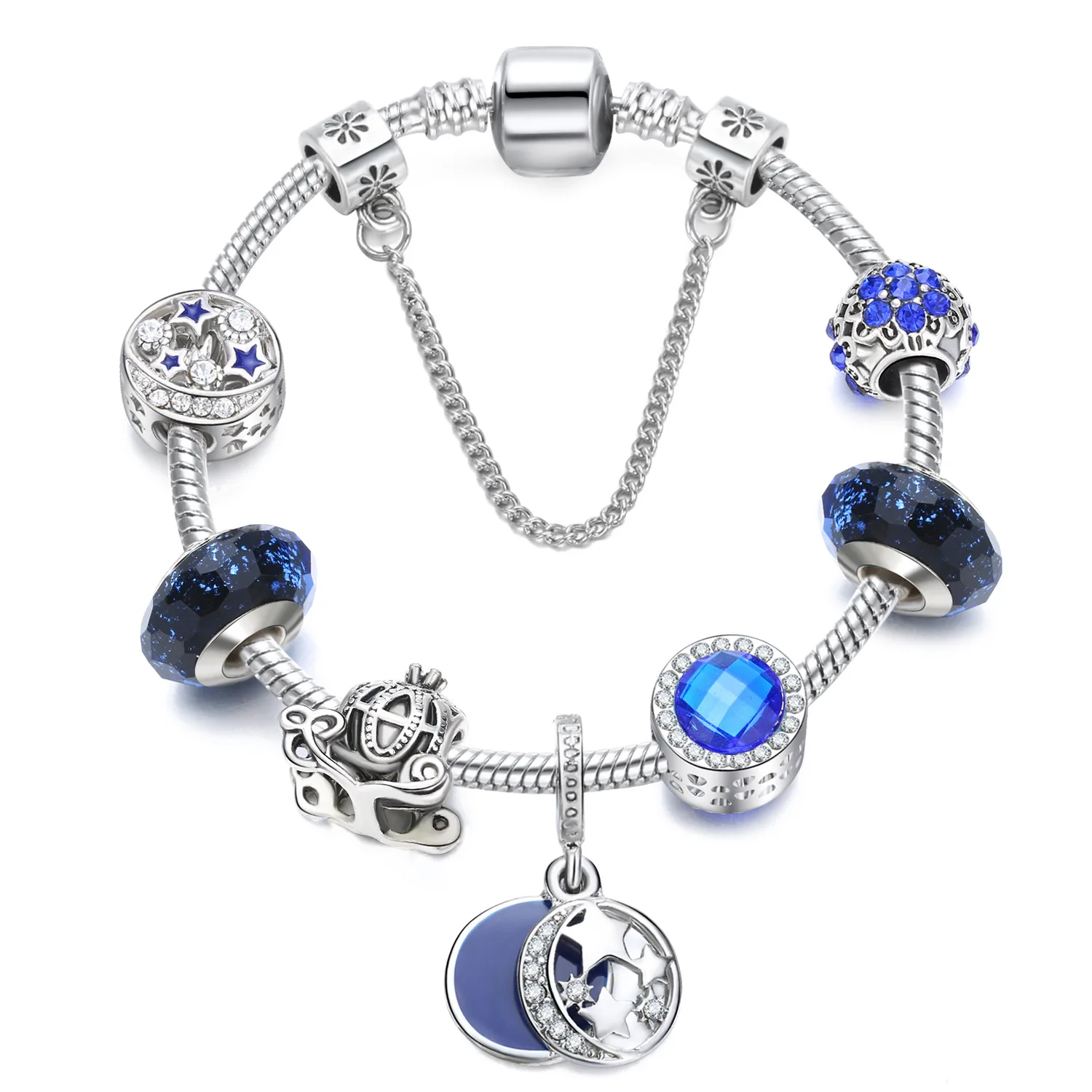 

New Silver Plated Royal Blue Crystal Diy Charm Bracelet European Handmade Pave Diamond Circle Star Charm Bracelet for Girls