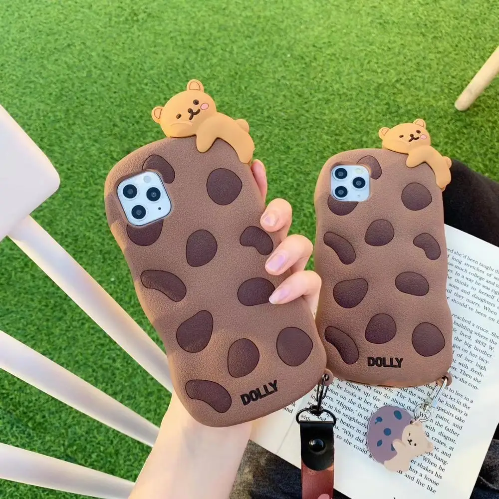 

3D Cookie Biscuit Sleeping Bear Korean Super Cute Lanyard Silicone cover for iphone 12Mini 11Pro MAX X XR SE2 8plus phone case
