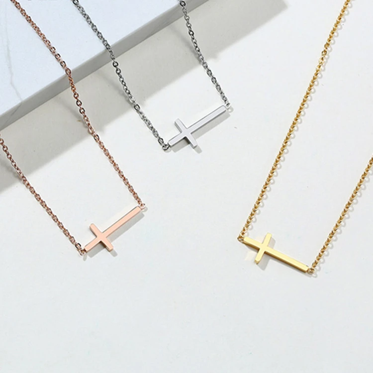 

Dainty Christian Faith Sideways custom cheap low price Stainless Steel 18K Gold Plated Trendy Minimalist Tiny Cross Necklace