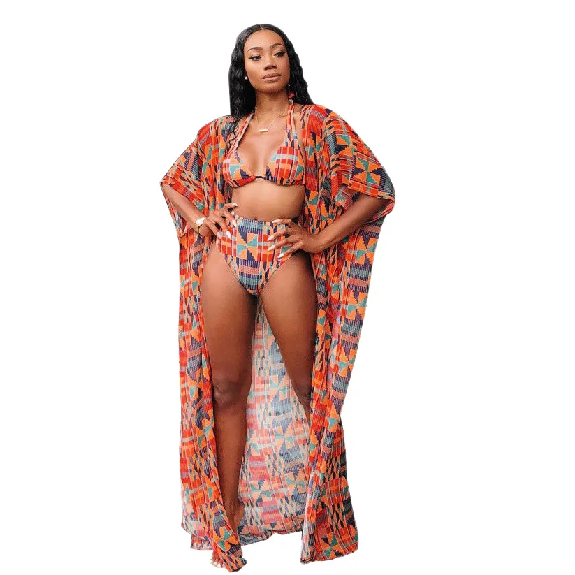 

Women 3 Piece Bikini Set Summer Beachwear Cover Up African Print Two Piece Swimsuit with Cover Up, As shown in the pic