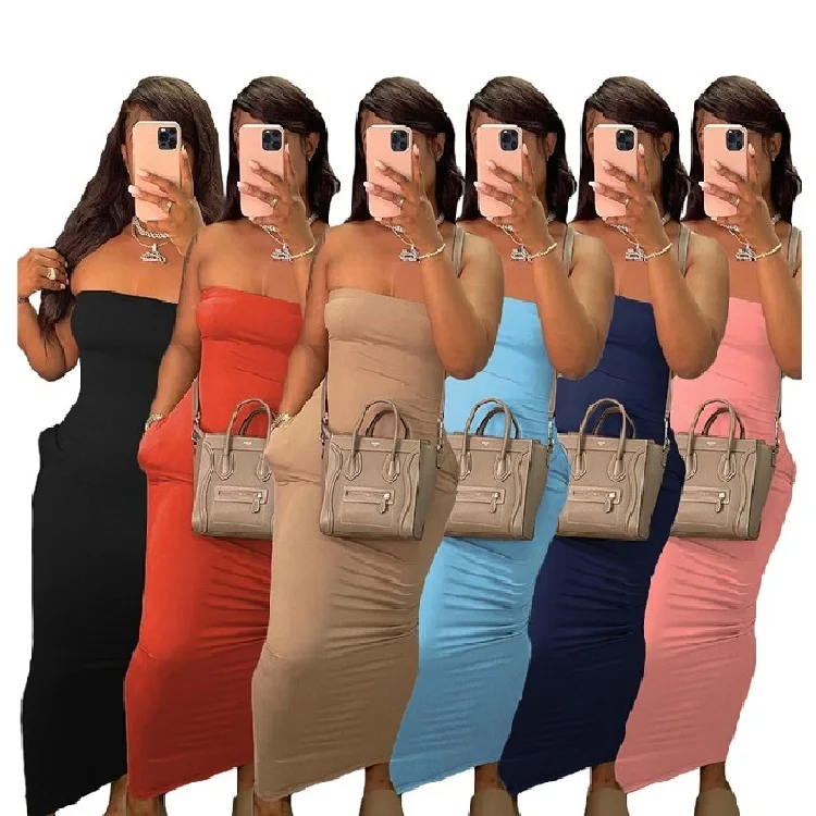 

AOMEI New Arrival 2021 Summer Strapless Dress Women Elegant Casual Candy Color Long Pencil Dresses