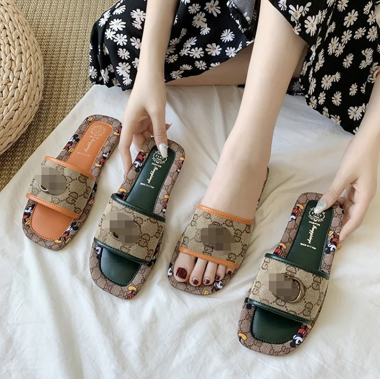 

New Outdoor House Slippers Women Square Head Lady Sandals Slippers Woman Shoes Flat Sandals For Wom And Ladi Shoes Woman, As pictures